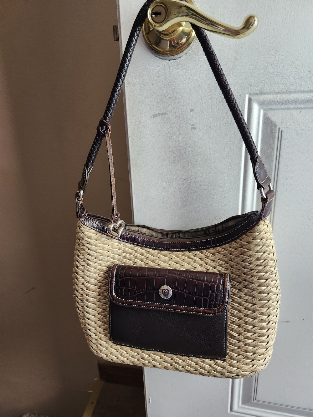 BRIGHTON Woven Straw Shoulder Bag with Dark Brown Leather Trim